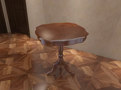 Classic Brown Wooden Round Coffee Table With Pedestal Base On Parquet Flooring And Light Wall 3d model