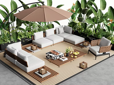 Stylish Outdoor Sofa in Patio Setting With Umbrella Green Plants Rattan Chairs And Coffee Table 3d model