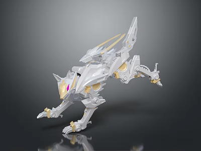 Silver Mechanical Wolf Like Game Movie Character With Gold Accents And Red Eyes 3d model