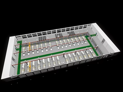 Top View Of Industrial Facility With Organized Racks Green Aisles And White Equipment 3d model
