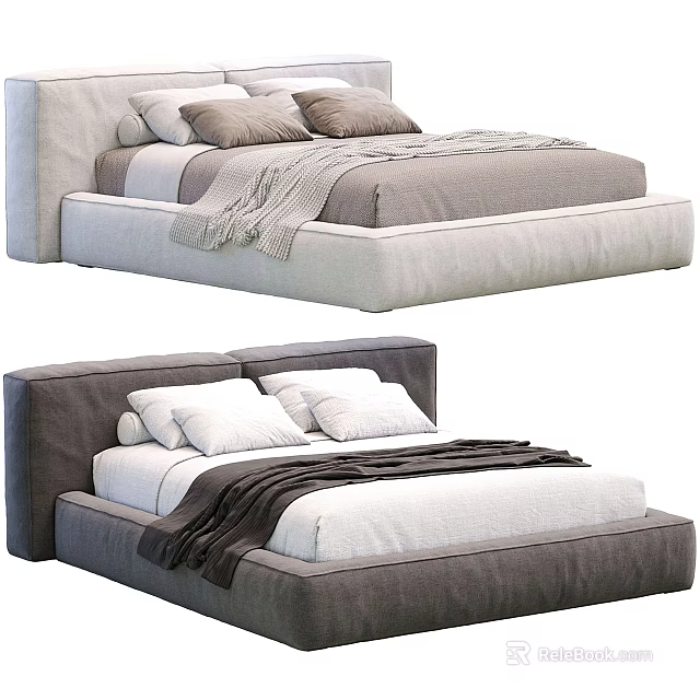 Modern Double Beds with Linen Bedding and Blanket in Neutral Color Tones for Interior Design 3d model 