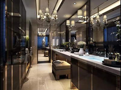 Elegant Luxurious Hotel Bathroom Interior Design With Chandeliers Marble Countertop And Large Mirrors 3d model