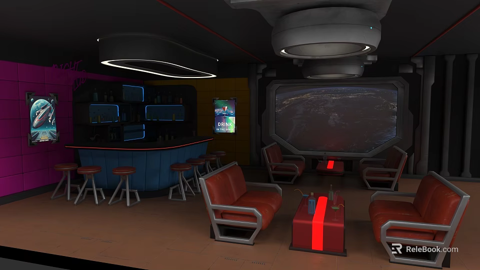 Modern Digital Store Interior With Large Display Screen Seating Area And Bar Counter 3d model 