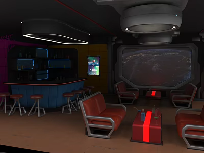 Modern Digital Store Interior With Large Display Screen Seating Area And Bar Counter 3d model