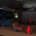 Modern Digital Store Interior With Large Display Screen Seating Area And Bar Counter