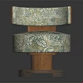 Floral Patterned Round Chair With Wooden Armrest Green Blue Fabric And Round Base
