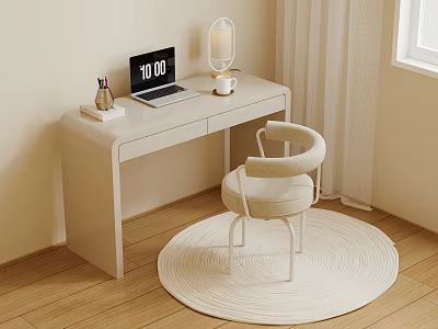 Minimalist White Desk with Laptop Showing 1000 Lamp Mug and Beige Chair on Woven Rug 3d model