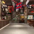 Traditional Chinese Restaurant Interior With Wooden Tables Benches Red Lanterns And Hanging Signboards
