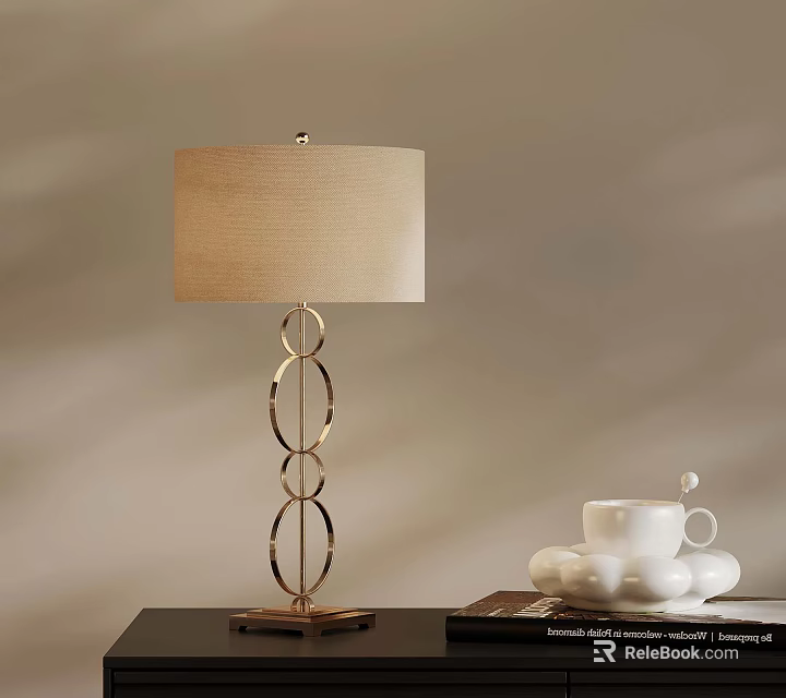 Elegant Table Lamp With Gold Ring Base Linen Shade And White Cup On Table 3d model 