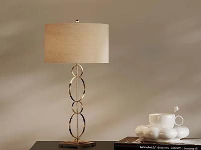 Elegant Table Lamp With Gold Ring Base Linen Shade And White Cup On Table 3d model