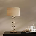 Elegant Table Lamp With Gold Ring Base Linen Shade And White Cup On Table 3d model
