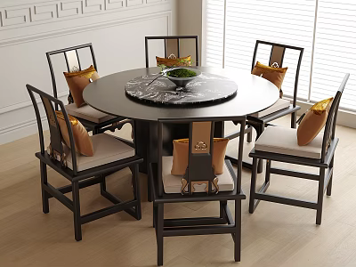 Elegant Round Dining Table And Six Chairs Set With Marble Top And Cushions 3d model