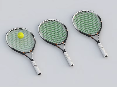 Three Green Stringed Tennis Rackets With Tennis Ball For Sports Equipment 3d model