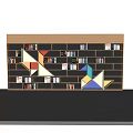 Modern Geometric Bookshelf with Various Shaped Compartments and Colorful Sections Filled with Books