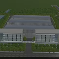 Modern Office Building Complex With Glass Curtain Walls Surrounded By Lush Green Trees