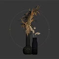 Textured Black Vase with Orange Leaves and Dark Hole Vase with Spike Flowers on Blue