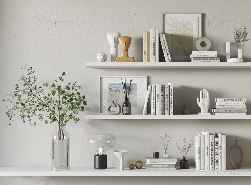 Stylish Decorative Object Set For Shelf With Green Plants Books And Frames 3d model