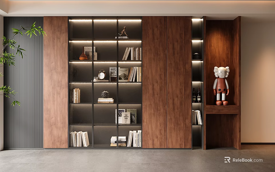 Modern Wooden Bookcase Interior Design With Layered Glass Shelves Lighting Decorative Items and Books 3d model 