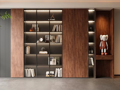 Modern Wooden Bookcase Interior Design With Layered Glass Shelves Lighting Decorative Items and Books 3d model
