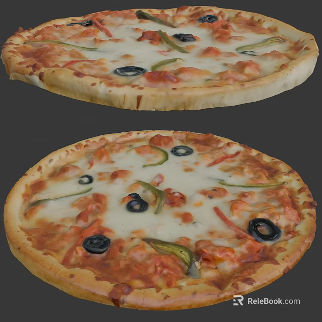 Freshly Baked Pizza Topped With Black Olives Green Peppers And Melted Cheese 3d model 