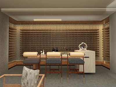Modern Dining Living Room Interior Design With Wine Rack Wall Bar Stools And Pendant Light 3d model