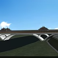 Traditional Chinese Bridge With Ancient Architecture Over River And Green Grass Under Blue Sky