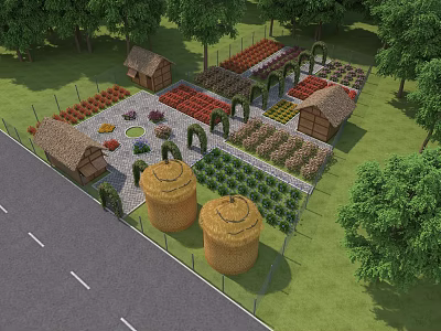 Rustic Garden Landscape Featuring Hay Bales Cottages Neatly Arranged Garden Beds And Lush Green Plants 3d model
