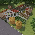 Rustic Garden Landscape Featuring Hay Bales Cottages Neatly Arranged Garden Beds And Lush Green Plants