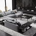 Modern gray L shaped sofa coffee table combination with black marble wall and large windows 3d model