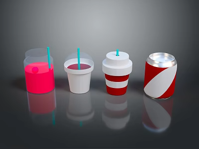 Colorful Beverages With Pink Red Liquid In Cups With Straws And Canned Drink 3d model