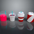 Colorful Beverages With Pink Red Liquid In Cups With Straws And Canned Drink
