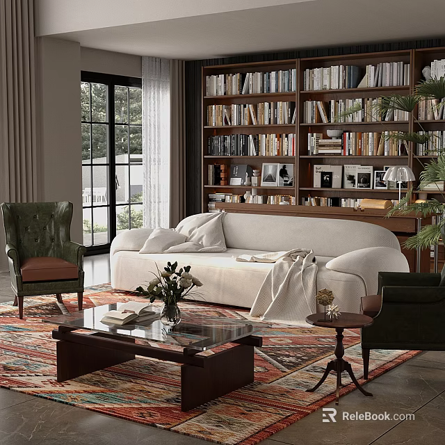 Cozy Living Room Interior with White Sofa Green Armchairs and Large Bookshelf Filled with Books 3d model 