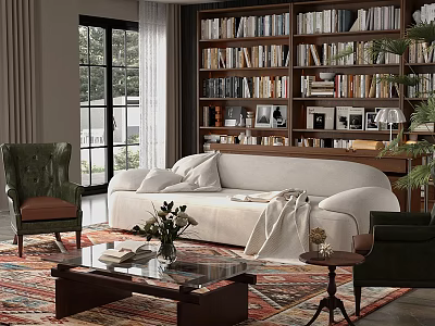 Cozy Living Room Interior with White Sofa Green Armchairs and Large Bookshelf Filled with Books 3d model