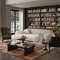 Cozy Living Room Interior with White Sofa Green Armchairs and Large Bookshelf Filled with Books