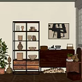 Stylish Multi Tiered Shelf With Ceramic Bowls Mugs And Vases Near Potted Plant And Wall Art