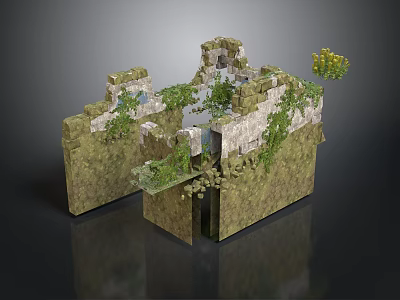 Overgrown Stone Wall Ruins With Moss And Green Plants On Broken Sections 3d model