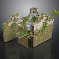 Overgrown Stone Wall Ruins With Moss And Green Plants On Broken Sections