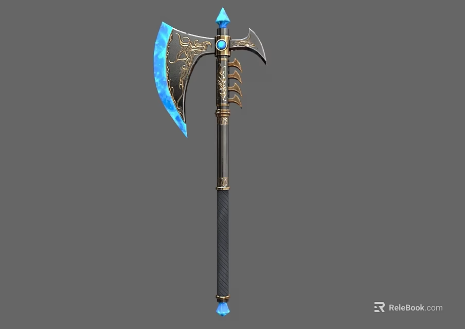 Mythical Battle Axe With Blue Blade Golden Decorations Black Handle And Blue Gemstone Top 3d model 