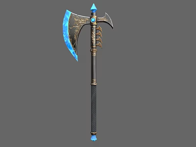 Mythical Battle Axe With Blue Blade Golden Decorations Black Handle And Blue Gemstone Top 3d model