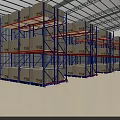 Spacious Warehouse Interior With Blue Metal Shelves And Neatly Stacked Boxes