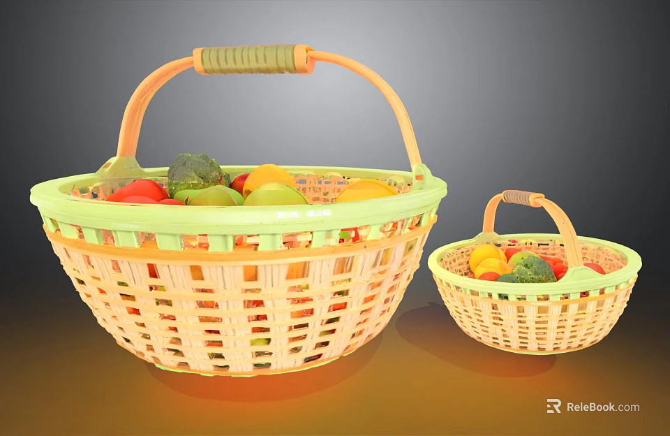 Large and Small Yellow Green Storage Baskets with Vegetables and Fruits 3d model 