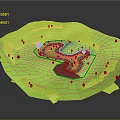 Playful Cartoon Scene With Green Terrain Winding Path Small Pond And Trees