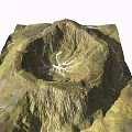 Crater Shaped Circular Rockery Stone With Textured Surface Green Vegetation And White Pathways
