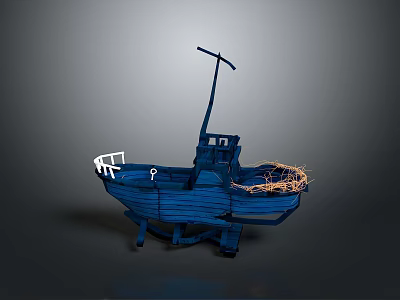 Blue Wooden Boat Model Featuring Mast And Coiled Fishing Net Details 3d model