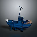 Blue Wooden Boat Model Featuring Mast And Coiled Fishing Net Details
