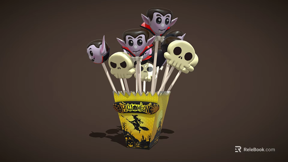 Halloween Themed Lollipops Featuring Vampire And Skull Heads In Yellow Packaging 3d model 