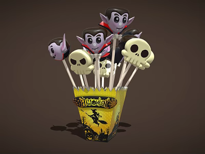 Halloween Themed Lollipops Featuring Vampire And Skull Heads In Yellow Packaging 3d model
