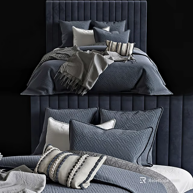 Elegant Double Bed With Navy Duvet Velvet Headboard And Patterned Pillows 3d model 