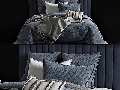 Elegant Double Bed With Navy Duvet Velvet Headboard And Patterned Pillows 3d model