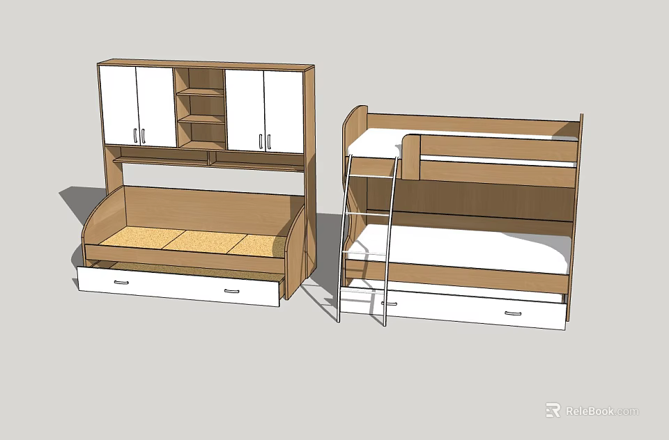 Functional Bunk Bed With Ladder Storage Cabinet And Drawers Design 3d model